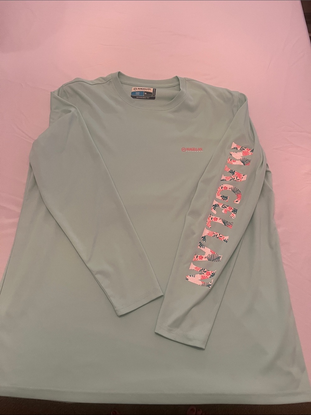 Magellan Outdoors Women’s Long-Sleeve Performance Shirt - Seafoam w/ pink accent